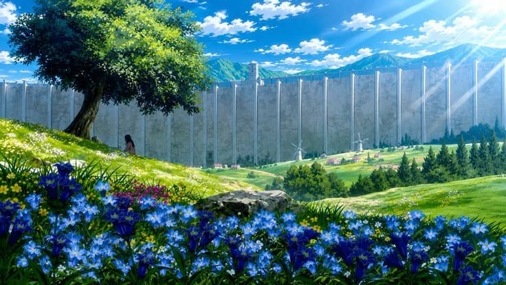 An illustrated meadow of blue flowers under a great tree, with a towering wall and hills behind it